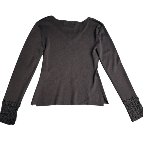 Designer Silk & Cotton with Crochet Detail on Sleeves and V Neck Black Knit Top - Picture 4 of 10